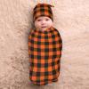 Black Orange Gingham Baby Stuff Swaddle Blanket with Beanie Set, Soft Baby Blankets Newborn Sleeping Sacks for Girls Boys view 4