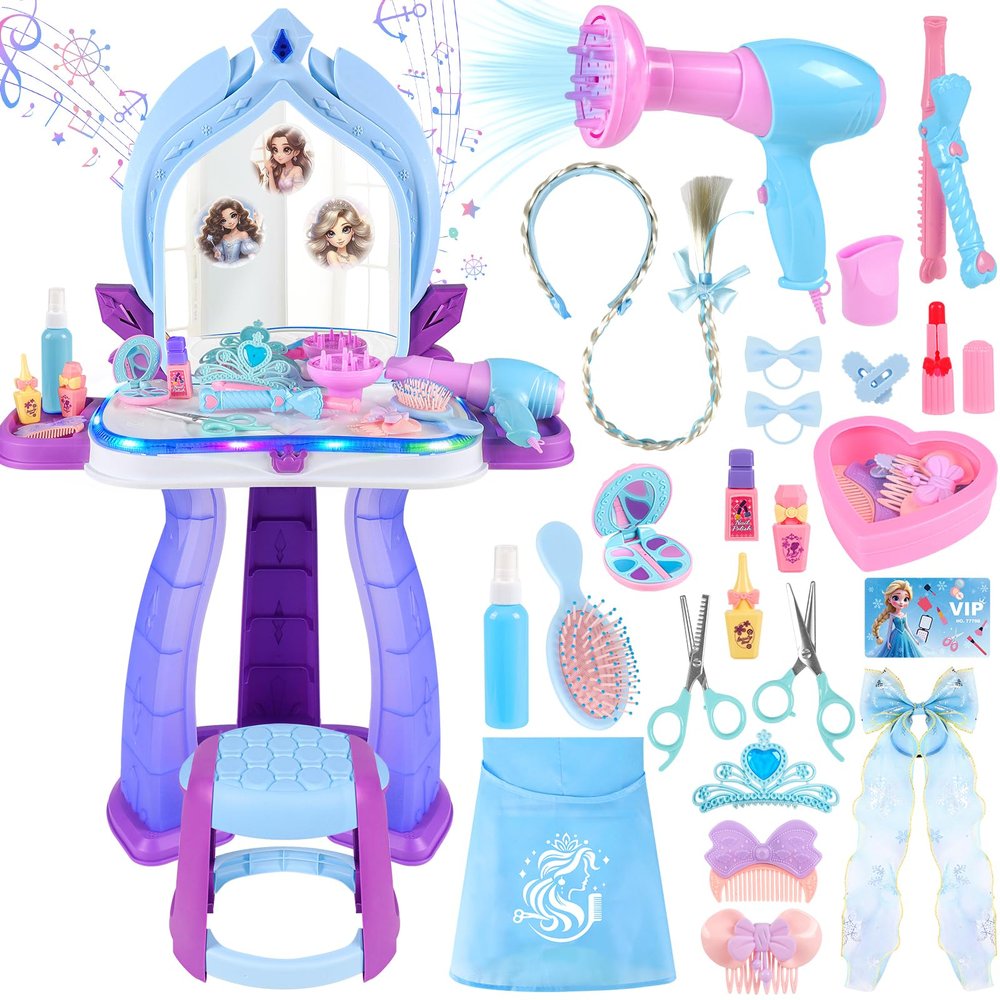 Princess Vanity for Toddlers Girls 3-5 Years Old, Kids Vanity Table and Chair Set with Magic Mirror Light Music, Toddler Makeup Dresser Set, Interactive Pretend Play Dress Up Beauty Salon Toys Gifts