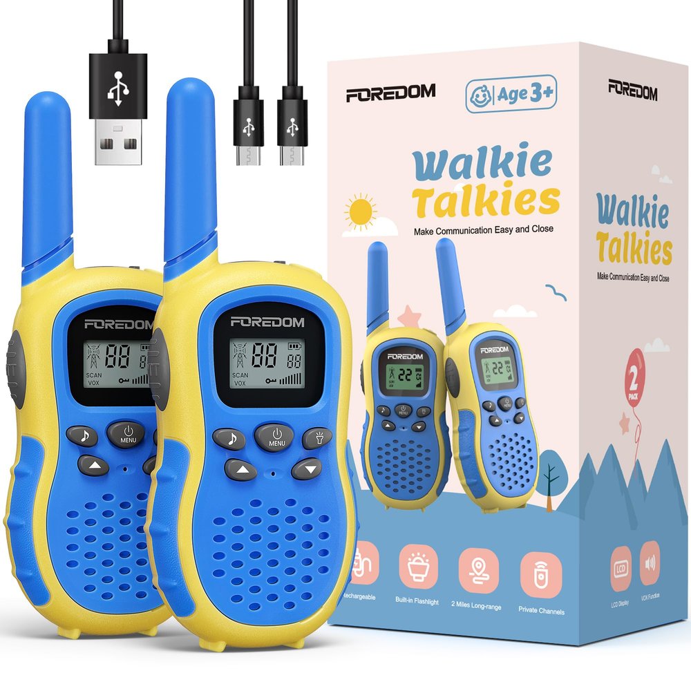 FOREDOM Rechargeable Walkie Talkies for Kids Walkie Talkies Long Range for Boy & Girl Age 3 to 12 Year Old Birthday Toys with Flashlight, 2 Pack