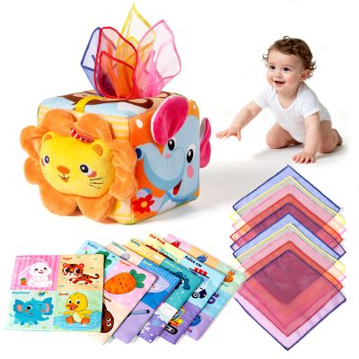 Baby Tissue Box Toy - Baby Sensory Toys 6-12 Months, Montessori Toys for 6 Month Old with 6 Crinkle Tissues & 10 Scarves, Tissue pulling Baby Toys for Valentines Day Gifts & Easter Basket Stuffers