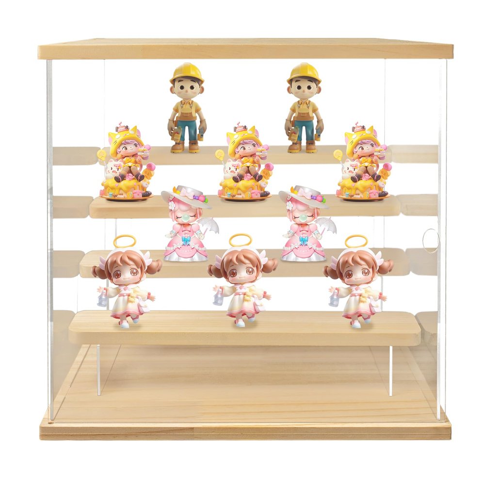 5-Tier Display Case with LED Lights, 12.6" Acrylic & Wood Collectible Display Box for Figurines, Funko Pop, Dolls - Dustproof & Adjustable Shelves (Clear)