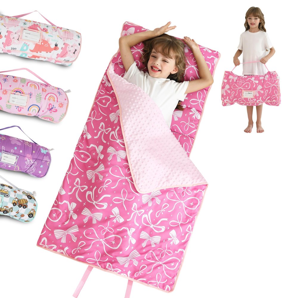 Toddler Nap Mat for Preschool 50''x30'' Sleeping Mat with Removable Pillow and Minky Blanket for Kids Ages 3-7 Roll Up Soft Sleeping Bag for Boys Girls Kindergarten Daycare Sleepover - Bow