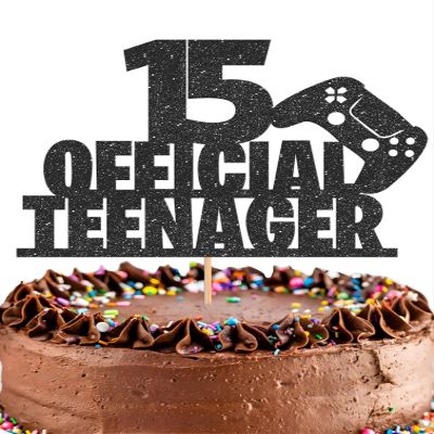 15 Official Teenager Cake Topper - Glitter Black 15th Birthday Cake Decorations, 15 Years Old Birthday Cake Smash Pick (15)