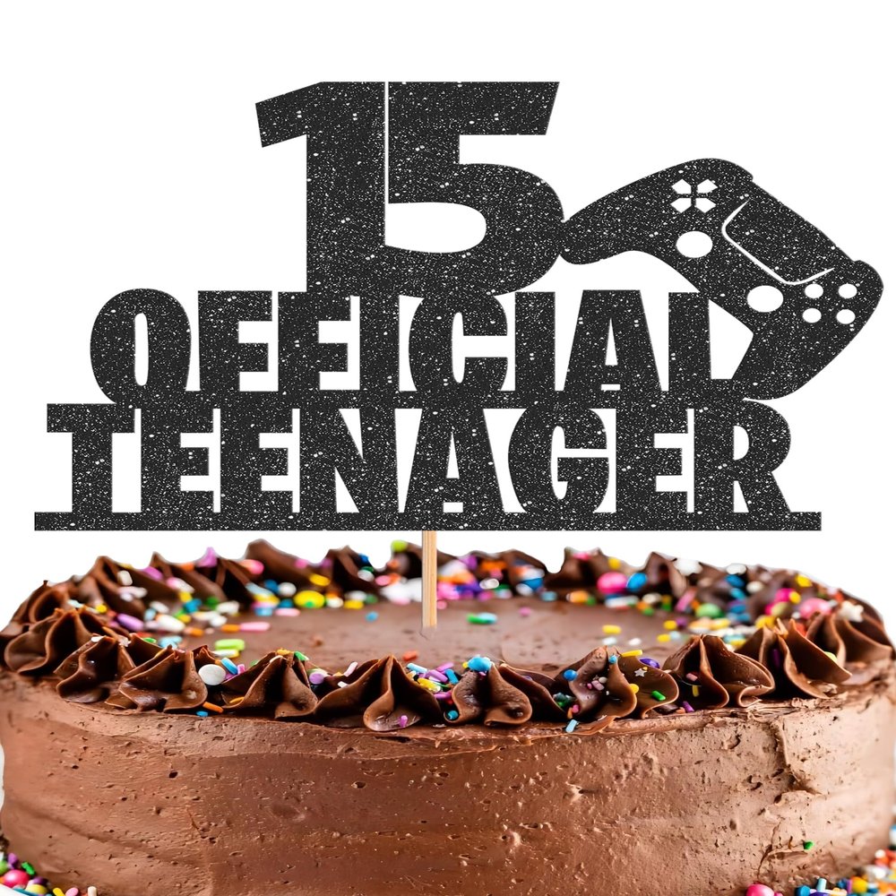 15 Official Teenager Cake Topper - Glitter Black 15th Birthday Cake Decorations, 15 Years Old Birthday Cake Smash Pick (15)