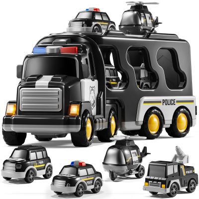 KIZONLY 5 in 1 Police Car Carrier Truck Toy for Kids Ages 4-8, Police Truck with Light and Sound, Transporting Vehicle Boy Trucks Toy Sets, Kids Toys 3-5, Birthday Gifts for Boys Girls Aged 4-6 5-7
