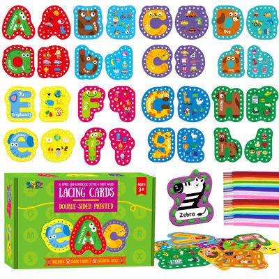 52 PCS Lacing Cards, 26 Double-Sided Uppercase & Lowercase Sewing Cards with 52 Colorful Laces, Imagination Development Lacing Toy Games Educational and Learning Activity for Preschoolers, Children
