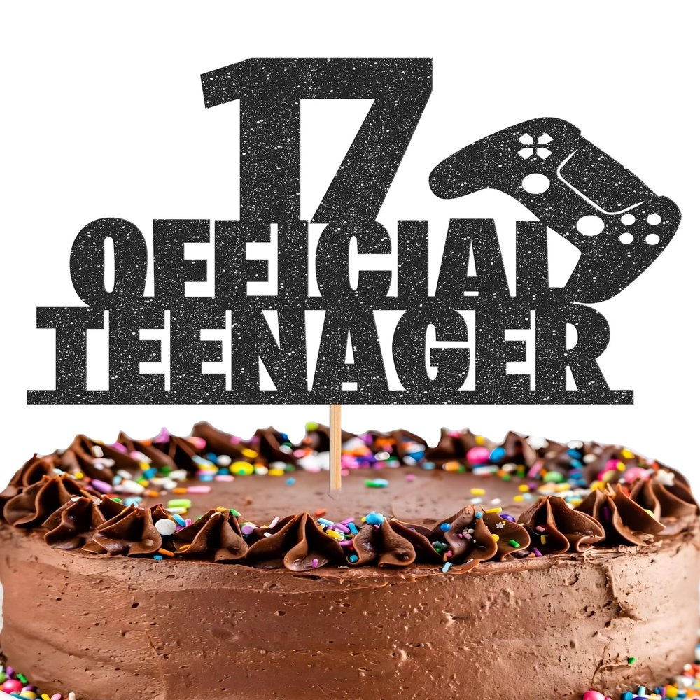 17 Official Teenager Cake Topper - Glitter Black 17th Birthday Cake Decorations, 17 Years Old Birthday Cake Smash Pick (17)