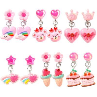 PinkSheep Clip On Earrings for Little Girls, Bling Rainbow Earrings for Kids Party Favor Pink Heart