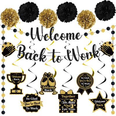 14pcs Welcome Back to Work Decorations Office Black Gold Welcome Back to Work Banner Hanging Swirls Circle Dot Garland Pompoms for Back to Work Office Anniversary Decorations Supplies