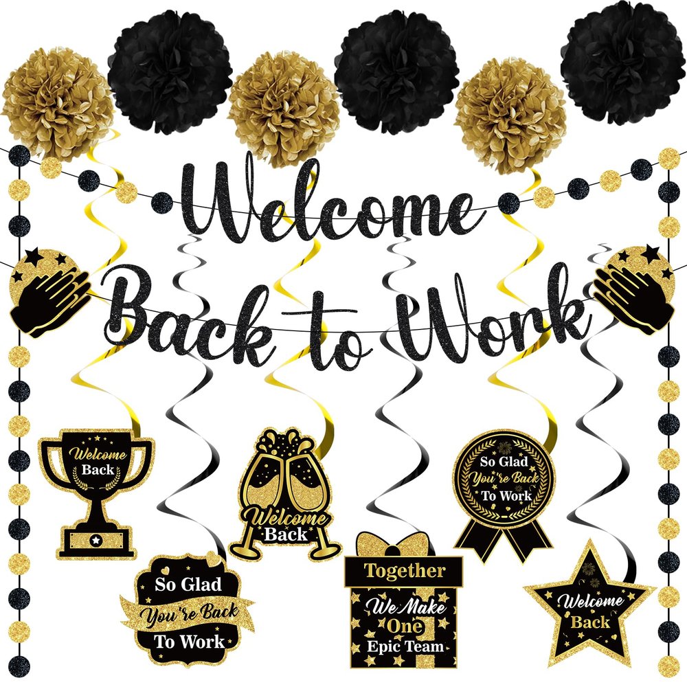 14pcs Welcome Back to Work Decorations Office Black Gold Welcome Back to Work Banner Hanging Swirls Circle Dot Garland Pompoms for Back to Work Office Anniversary Decorations Supplies