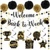 14pcs Welcome Back to Work Decorations Office Black Gold Welcome Back to Work Banner Hanging Swirls Circle Dot Garland Pompoms for Back to Work Office Anniversary Decorations Supplies view 1