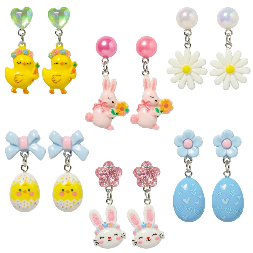 PinkSheep Easter Clip On Earrings for Little Girls, 6 Pairs