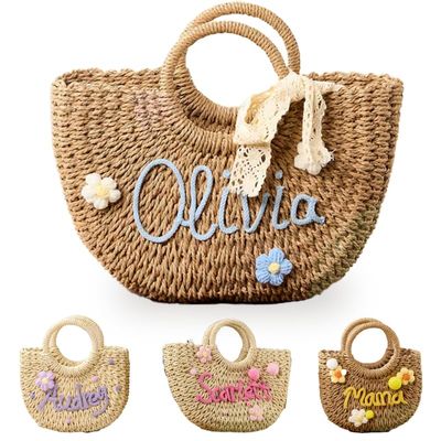 Personalized Embroidered Straw Beach Bag for Kids, Custom Flower Girl Basket for Wedding, Monogram Cute Small Wallet Pouch for Boys & Girls Birthday Summer Travel, Gifts, Swim Party, Picnic