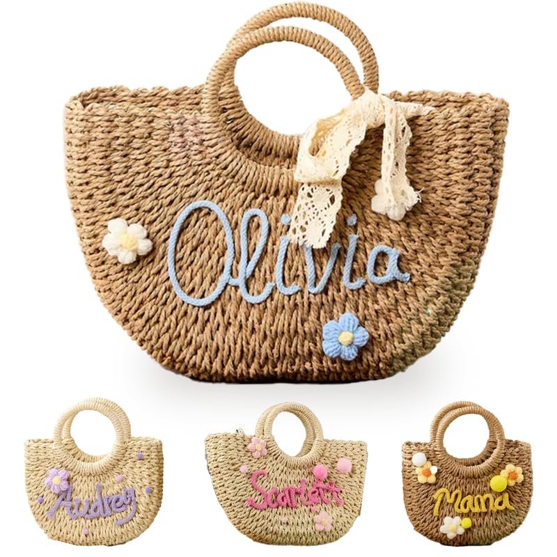 Personalized Embroidered Straw Beach Bag for Kids, Custom Flower Girl Basket for Wedding, Monogram Cute Small Wallet Pouch for Boys & Girls Birthday Summer Travel, Gifts, Swim Party, Picnic