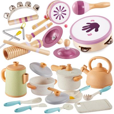 BUYGER Kitchen Pot and Pan Playset Bundle with Percussion Instruments Sets with Hand Drum, Plastic and Wooden, Kitchen Accessories Musical Instruments Toy Gifts Educational Learning Toys Gifts