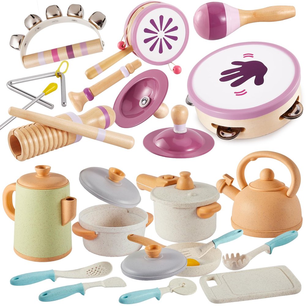 BUYGER Kitchen Pot and Pan Playset Bundle with Percussion Instruments Sets with Hand Drum, Plastic and Wooden, Kitchen Accessories Musical Instruments Toy Gifts Educational Learning Toys Gifts
