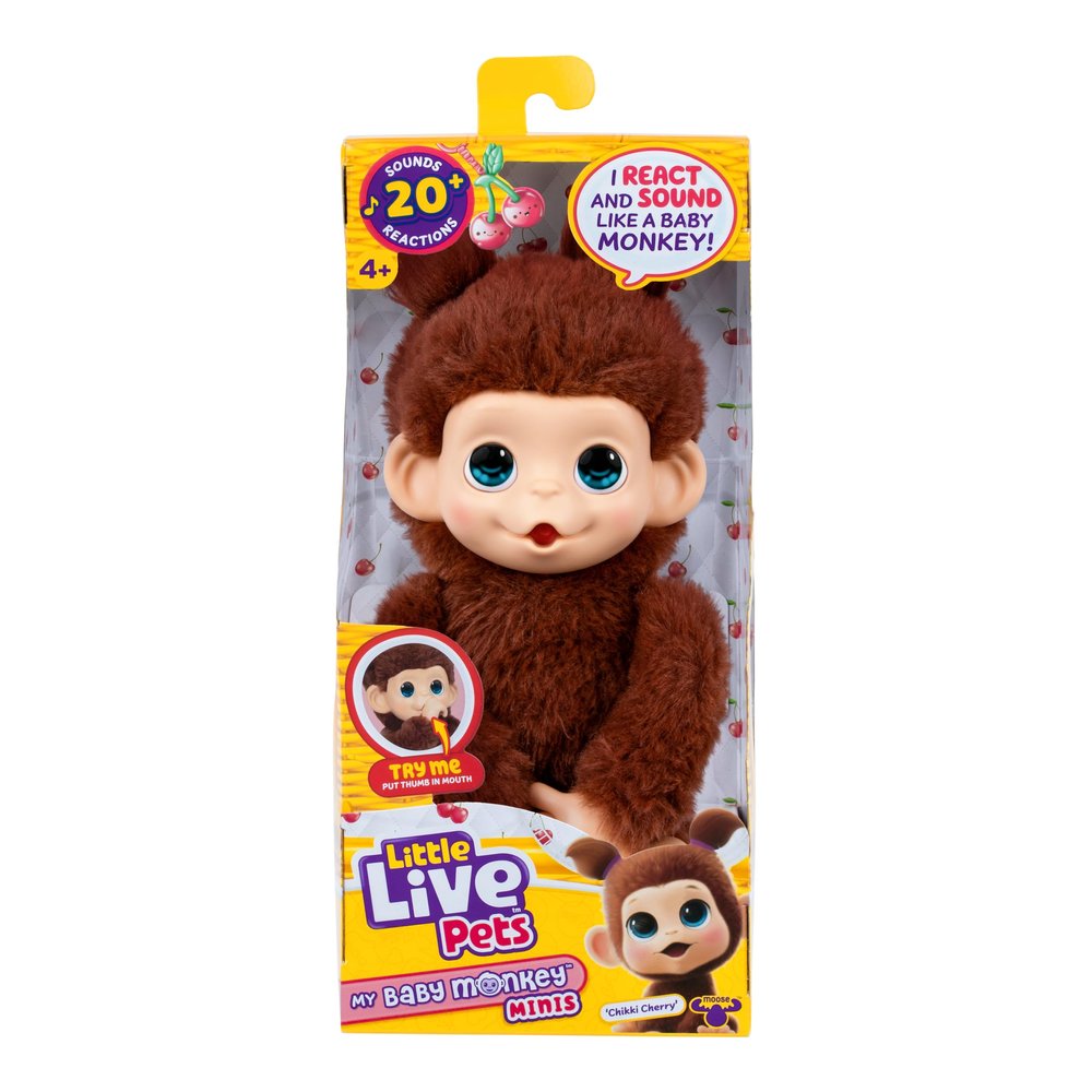Little Live Pets Baby Monkey Minis Chikki Cherry. Interactive Pet Toy. 20+ Sounds & Reactions. Soft Brown Fur. 7.4" Tall. Super Realistic. Feed, Nurture, React. Grippy Hands & Feet. Collect All 3