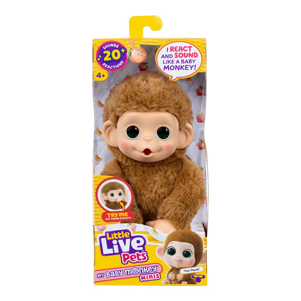 Little Live Pets Baby Monkey Minis Pepi Peach. Interactive Pet Toy. 20+ Sounds & Reactions. Soft Brown Fur, 7.4" Tall. Super Realistic. Feed, Nurture, React. Grippy Hands & Feet. Collect All 3