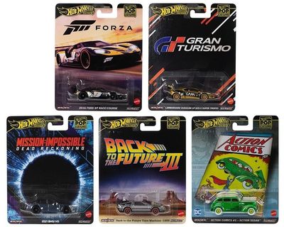 1:64 Scale Diecast Model Car Compatible with Hot Wheels Premium 2025 Pop Culture L Case, Set of 5 Cars, HXD63-956L