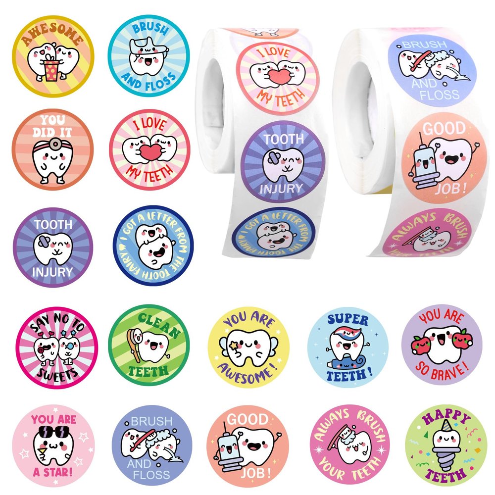 1000pcs Dental Stickers, 1.5in Round Cute Dentist Decals Tooth Fairy Stickers Reward Prize for Kids Fun Dental Decorations for Notebook Laptop Water Bottle (Style 3)
