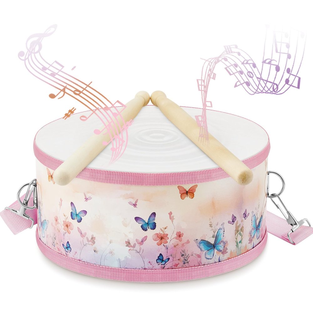 Boao 1 PC Kids Drum Set, 8 Inch Toddler Drum Wooden Toy with Adjustable Strap and 2 Drumsticks, Educational Sensory Musical Instrument for Toddlers Kid Baby Boys Girls Gift(Butterfly)