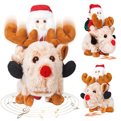Gfilay Santa and Musicial Rudolph Stuffed Animal,Animated Christmas Plush Toys for Kids (Brown