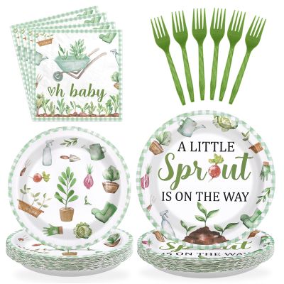 96Pcs Little Sprout Baby Shower Party Supplies Vegetables Spring Garden Plates and Napkins Disposable Greenery Nature Farm Tableware Set for Kids Birthday Gender Reveal Party Decorations Serves 24