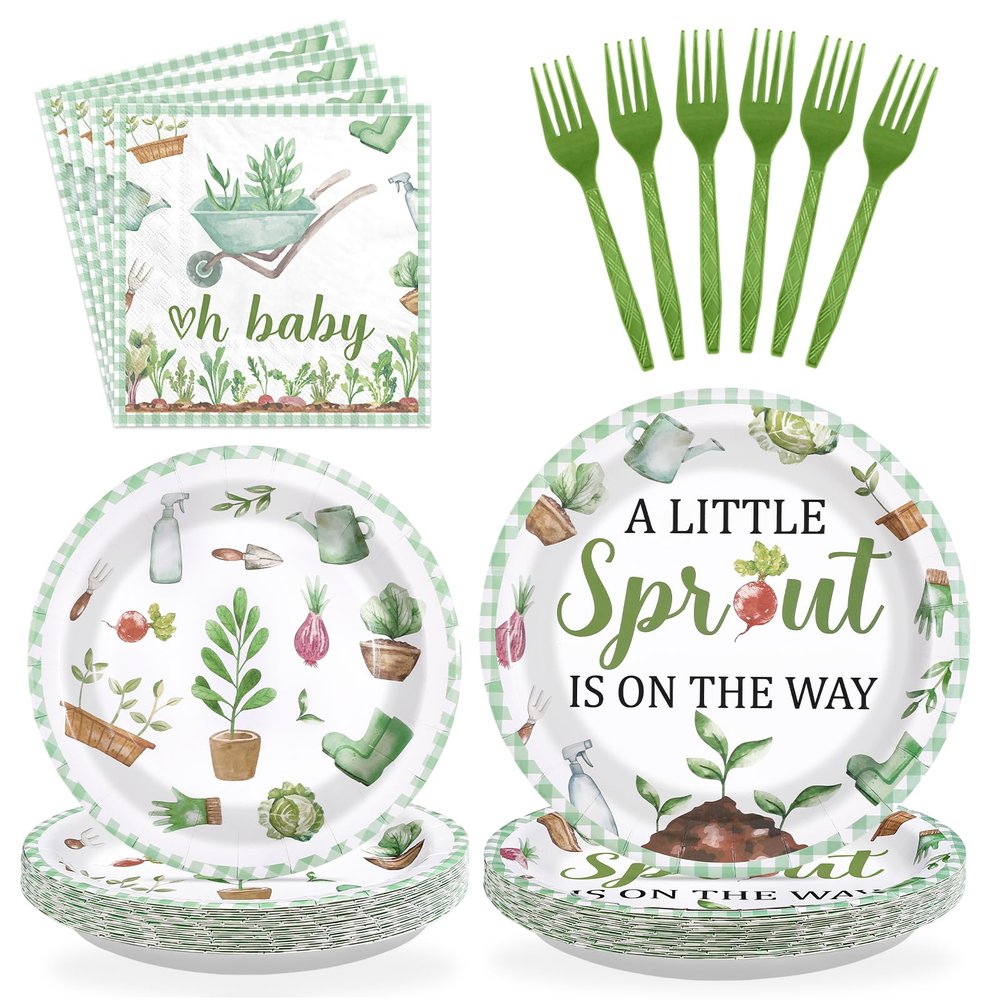 96Pcs Little Sprout Baby Shower Party Supplies Vegetables Spring Garden Plates and Napkins Disposable Greenery Nature Farm Tableware Set for Kids Birthday Gender Reveal Party Decorations Serves 24