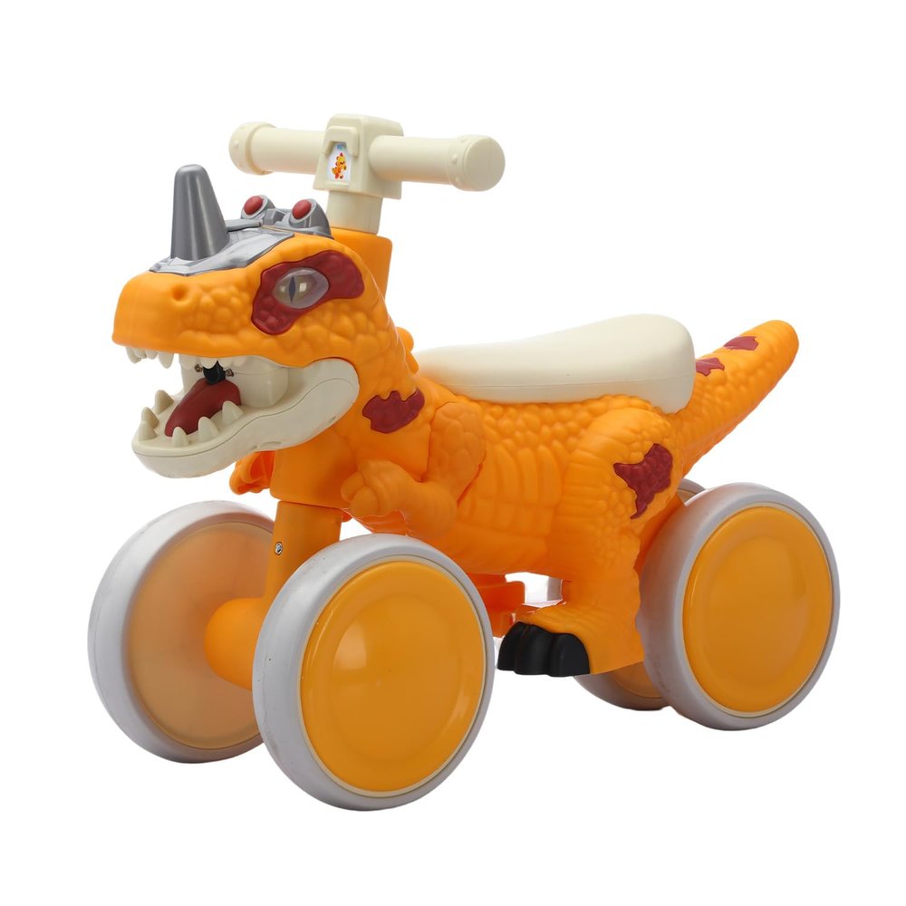 VIZZTY Dinosaur Balance Bike for 1-3 Year Olds, Toddler 4-Wheel No-Pedal Walker Scooter with Music & Mist Spray Effects, ASTM Certified First Birthday Gift for Boys & Girls (Orange)