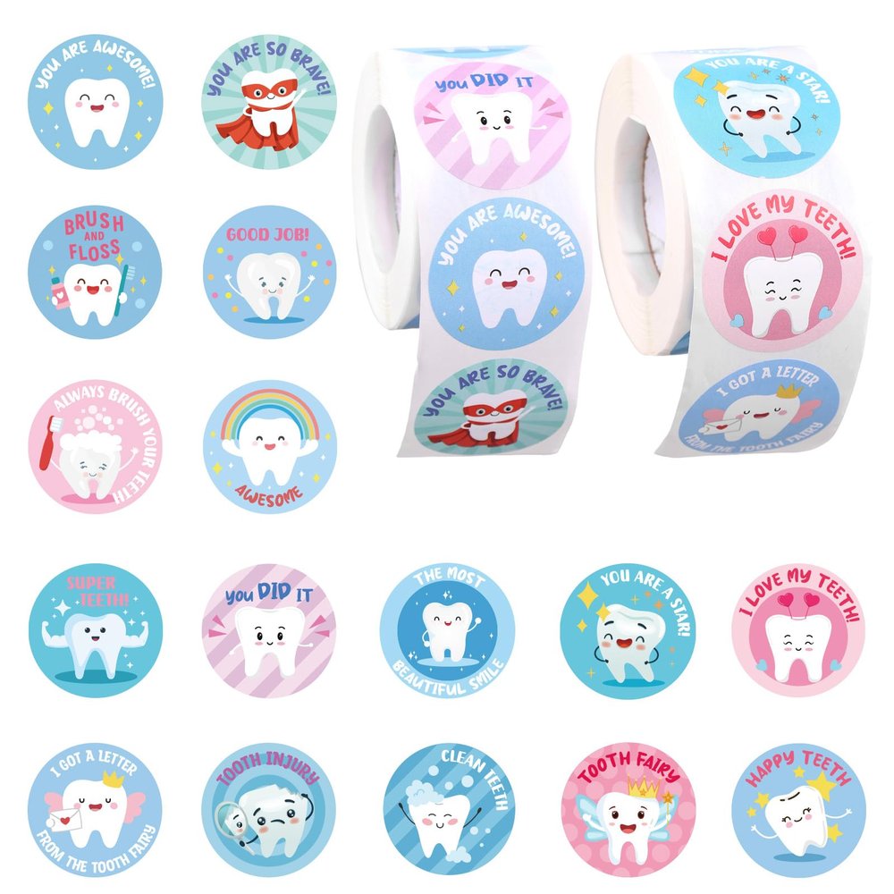 1000pcs Dental Stickers, 1.5in Round Cute Dentist Decals Tooth Fairy Stickers Reward Prize for Kids Fun Dental Decorations for Notebook Laptop Water Bottle (Style 2)