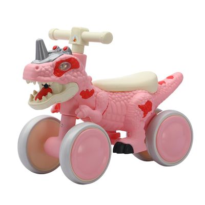 VIZZTY Dinosaur Balance Bike for 1-3 Year Olds, Toddler 4-Wheel No-Pedal Walker Scooter with Music & Mist Spray Effects, ASTM Certified First Birthday Gift for Boys & Girls (Pink)