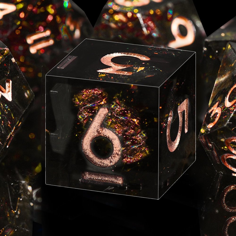 AUSTOR 7-Die DND Dice Set Handmade Sharp Edge Polyhedral Dice for Dungeons and Dragons D&D RPG MTG Table Games (Black & Red, Copper)