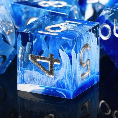 AUSTOR 7-Die DND Dice Set Handmade Sharp Edge Polyhedral Dice for Dungeons and Dragons D&D RPG MTG Table GamesBlue & Wave, Silver
