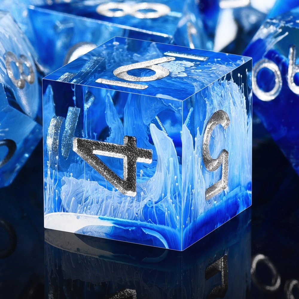 AUSTOR 7-Die DND Dice Set Handmade Sharp Edge Polyhedral Dice for Dungeons and Dragons D&D RPG MTG Table GamesBlue & Wave, Silver
