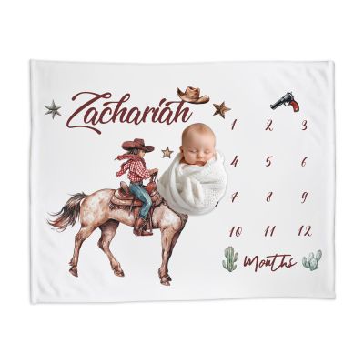Personalized Baby Milestone Blanket for Boys Custom Name Cowboy Newborn Blanket, Monthly Baby Growth Tracker, Ideal Gift for Baby Shower