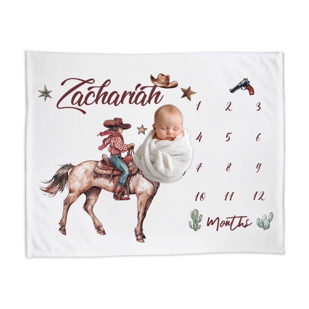 Personalized Baby Milestone Blanket for Boys Custom Name Cowboy Newborn Blanket, Monthly Baby Growth Tracker, Ideal Gift for Baby Shower