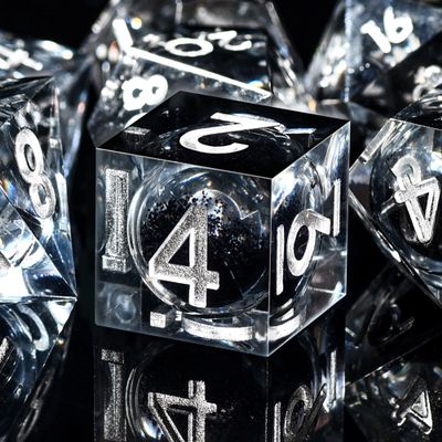 AUSTOR Liquid Core DND Dice Set, 7-Die Sharp Edge Polyhedral Dice Quicksand Handmade Resin Dices for Dungeons and Dragons RPG MTG Table Games, Black & Black, Silver