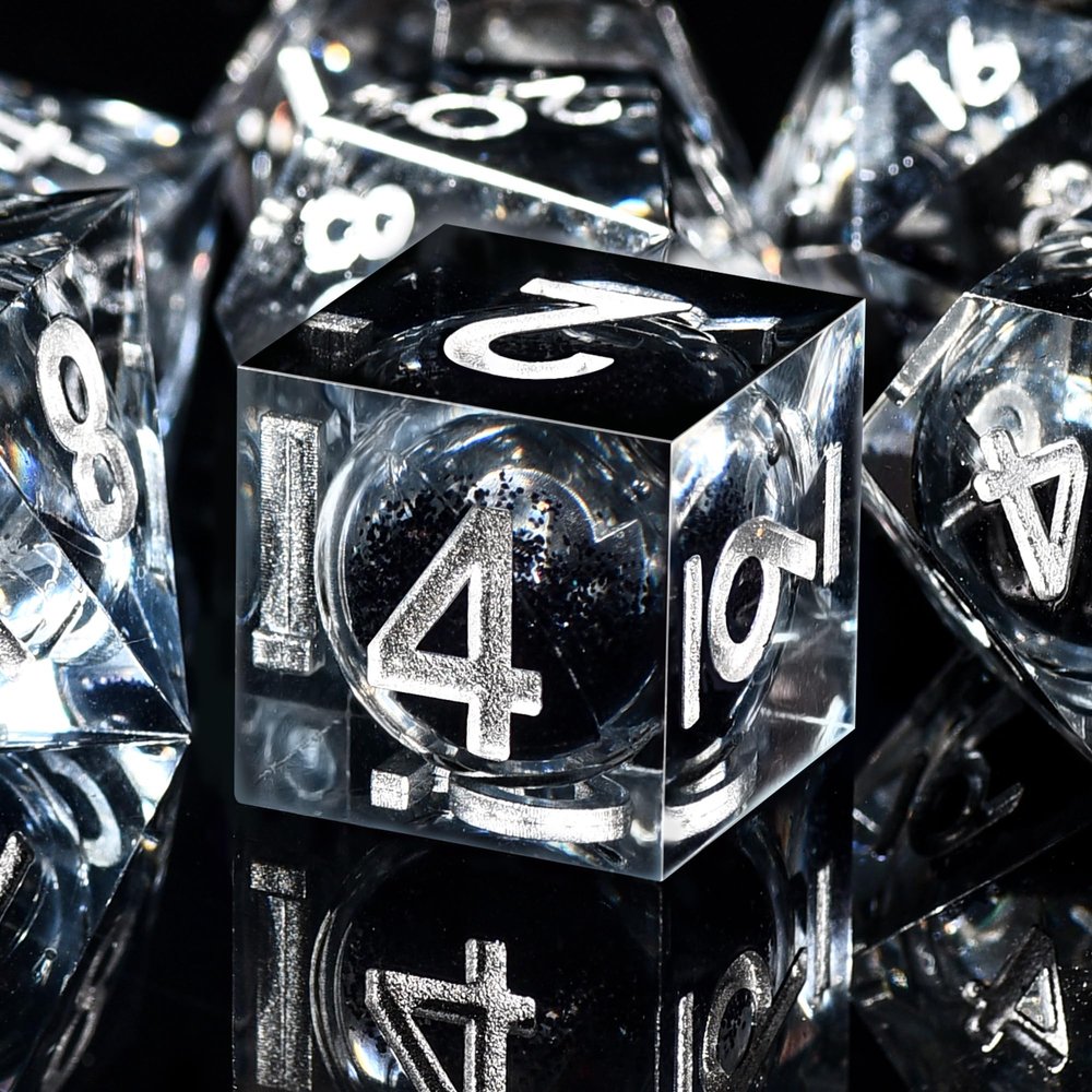 AUSTOR Liquid Core DND Dice Set, 7-Die Sharp Edge Polyhedral Dice Quicksand Handmade Resin Dices for Dungeons and Dragons RPG MTG Table Games, Black & Black, Silver