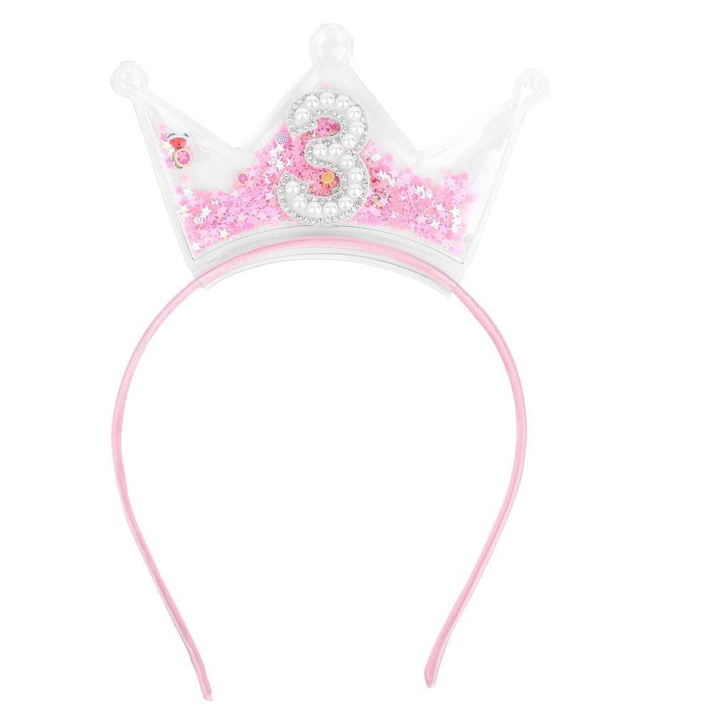 3rd Birthday Headband, Pink Glitter Three Birthday Crown for Girls Sparkling Pearl Headdress Party Celebration Outfit Decoration Accessory for Girl Toddler 3 Year Old