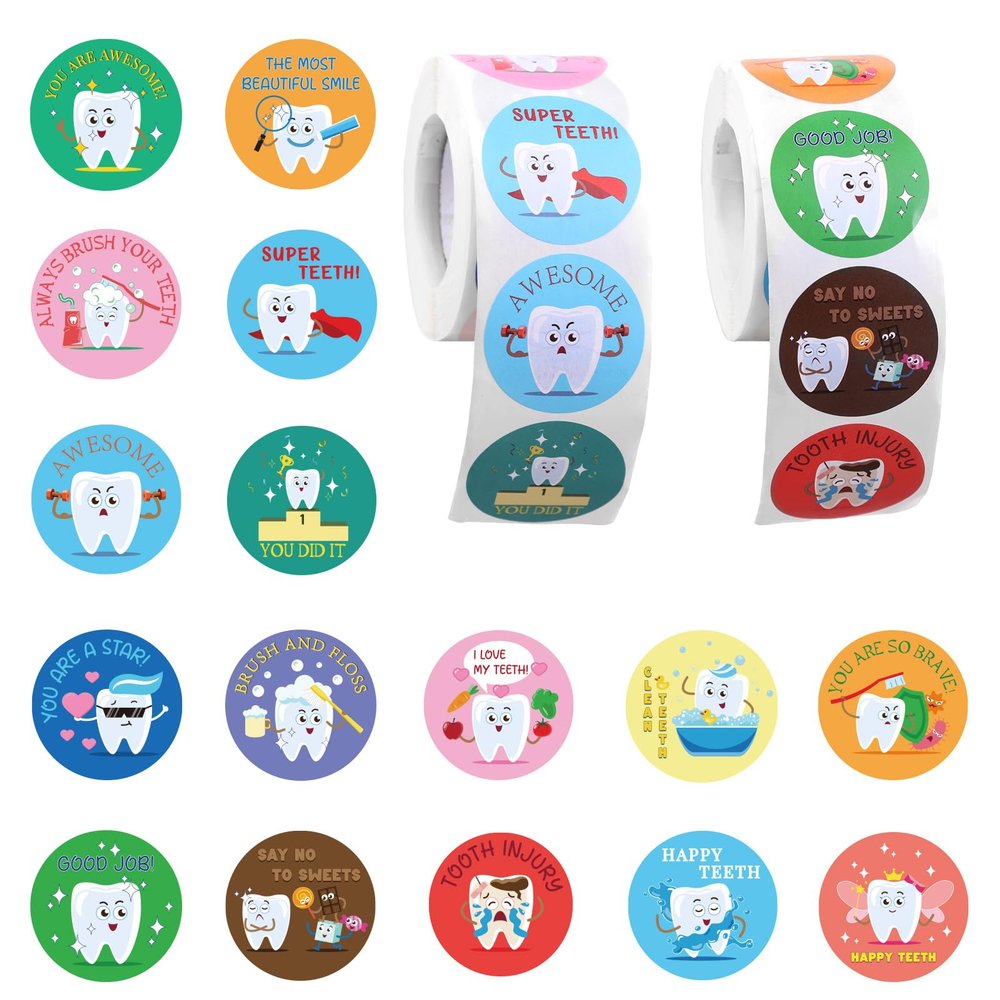 1000pcs Dental Stickers, 1.5in Round Cute Dentist Decals Tooth Fairy Stickers Reward Prize for Kids Fun Dental Decorations for Notebook Laptop Water Bottle (Style 1)