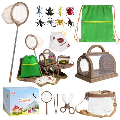 CUUCUVA Bug Catcher Kit for Kids Outdoor Explorer Kit with Insect Cage, Observation Box, Magnifying Glass, 8 Toy Bugs, Net & 10 Cards, STEM Educational Toys Gifting for Boys & Girls Ages 3+