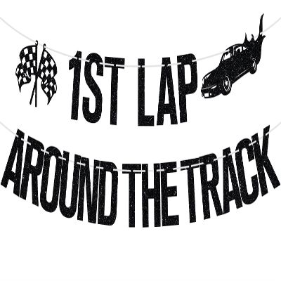 1st Lap Around the Track Banner for Boy Girl, Racing Car Theme Birthday Bunting Sign for One Year Old, First Birthday Party Decorations Supplies