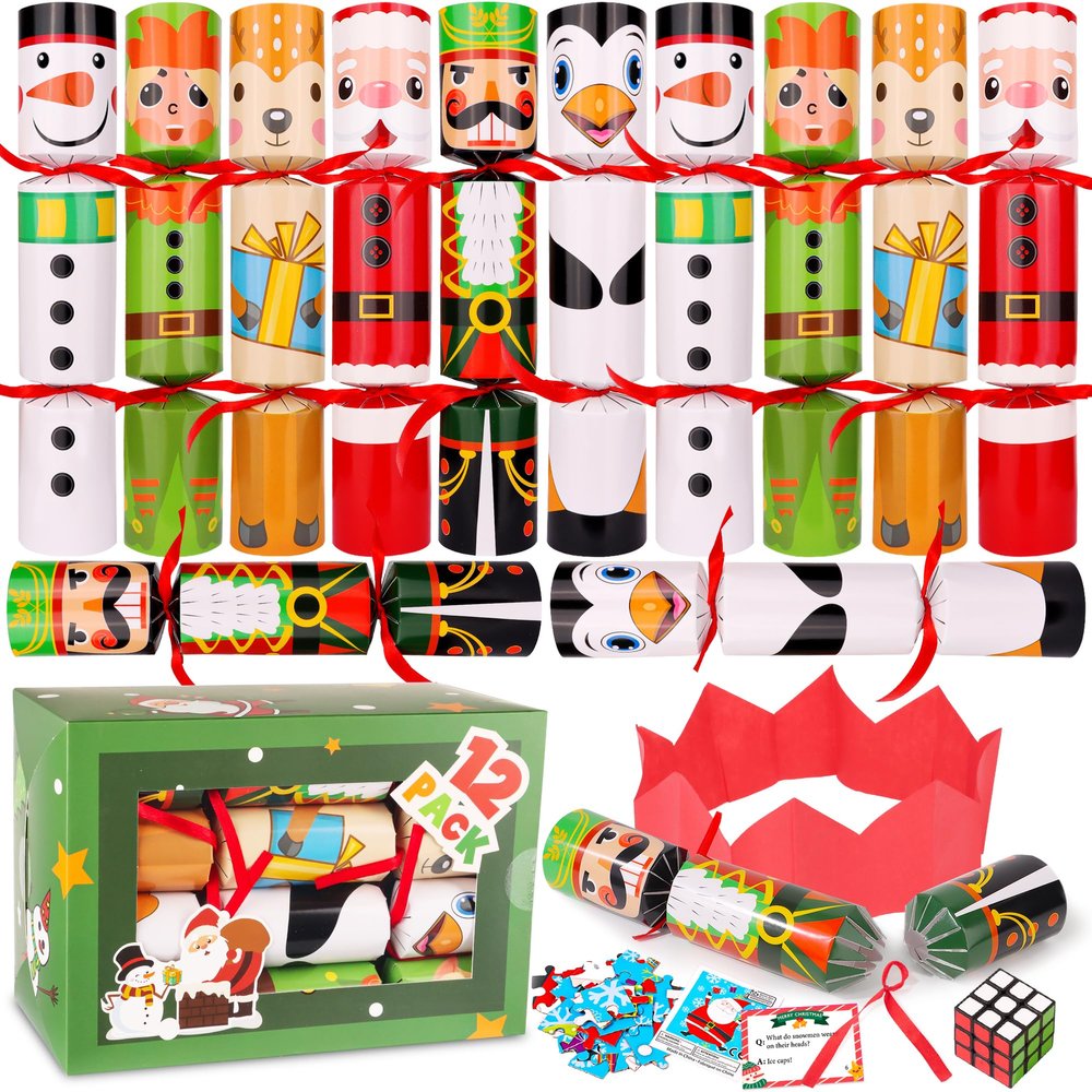 12 Pack Christmas No-Snap Party Table Favors, Christmas Table Favor with Party Hat, Joke & Little Gifts Inside for Kids and Adults, Xmas Table Decorations Seasonal Holiday Dinner Traditions Supplies