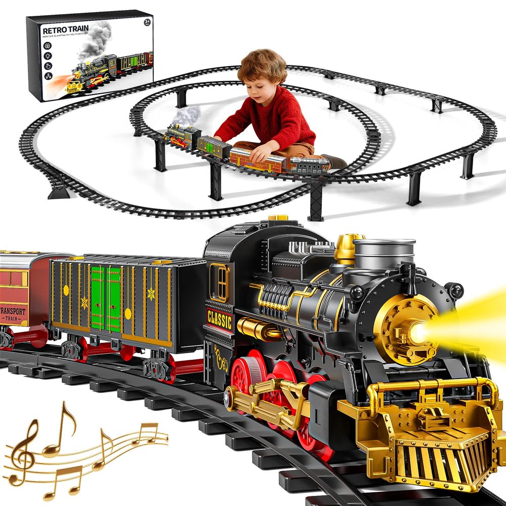 Christmas Train Set for Kids, 2-Layer Train Track Toys with Smoke, Light and Sound, DIY Building Train Tracks for Boys Ages 4-8, Classic Model Trains Gifts for Toddler 3 4 5 6 7 8 Years Old