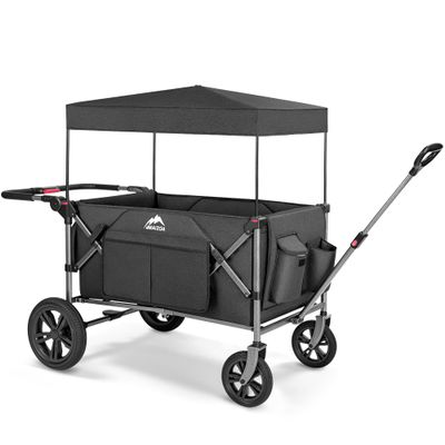 Foldable Wagons for Two Kids & Cargo, with 5-Point Harnesses,Adjustable Push/Pull Handle, Removable Sun Canopy, One-Step Locking Design, Suitable for Family Travel, Two Children Ride, Black