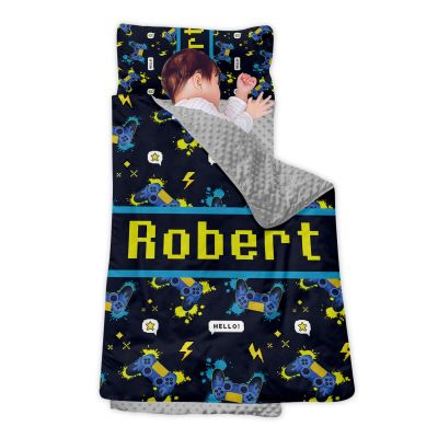 Personalized Girls Nap Mat - Custom Name Toddler Sleeping Bag with Pillow and Blanket for Daycare Preschool, Kids Sleeping Mat for Travel Camping, Easy Carry Roll Up Nap Sack Game Blue