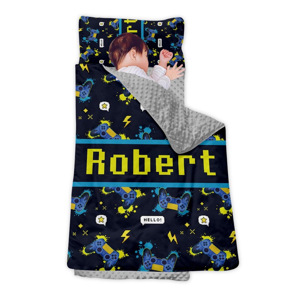 Personalized Girls Nap Mat - Custom Name Toddler Sleeping Bag with Pillow and Blanket for Daycare Preschool, Kids Sleeping Mat for Travel Camping, Easy Carry Roll Up Nap Sack Game Blue