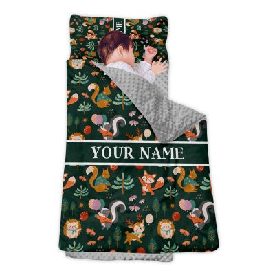 Personalized Girls Nap Mat - Custom Name Toddler Sleeping Bag with Pillow and Blanket for Daycare Preschool, Kids Sleeping Mat for Travel Camping, Easy Carry Roll Up Nap Sack Squirrel Green