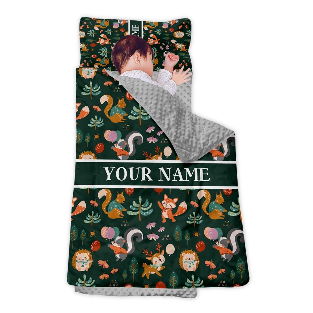 Personalized Girls Nap Mat - Custom Name Toddler Sleeping Bag with Pillow and Blanket for Daycare Preschool, Kids Sleeping Mat for Travel Camping, Easy Carry Roll Up Nap Sack Squirrel Green