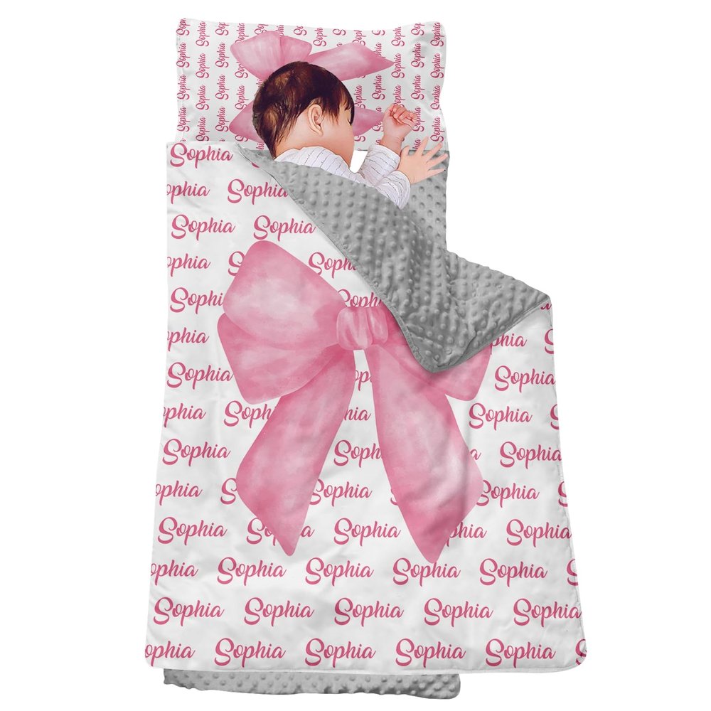 Personalized Girls Nap Mat - Custom Name Toddler Sleeping Bag with Pillow and Blanket for Daycare Preschool, Kids Sleeping Mat for Travel Camping, Easy Carry Roll Up Nap Sack Bow Pink